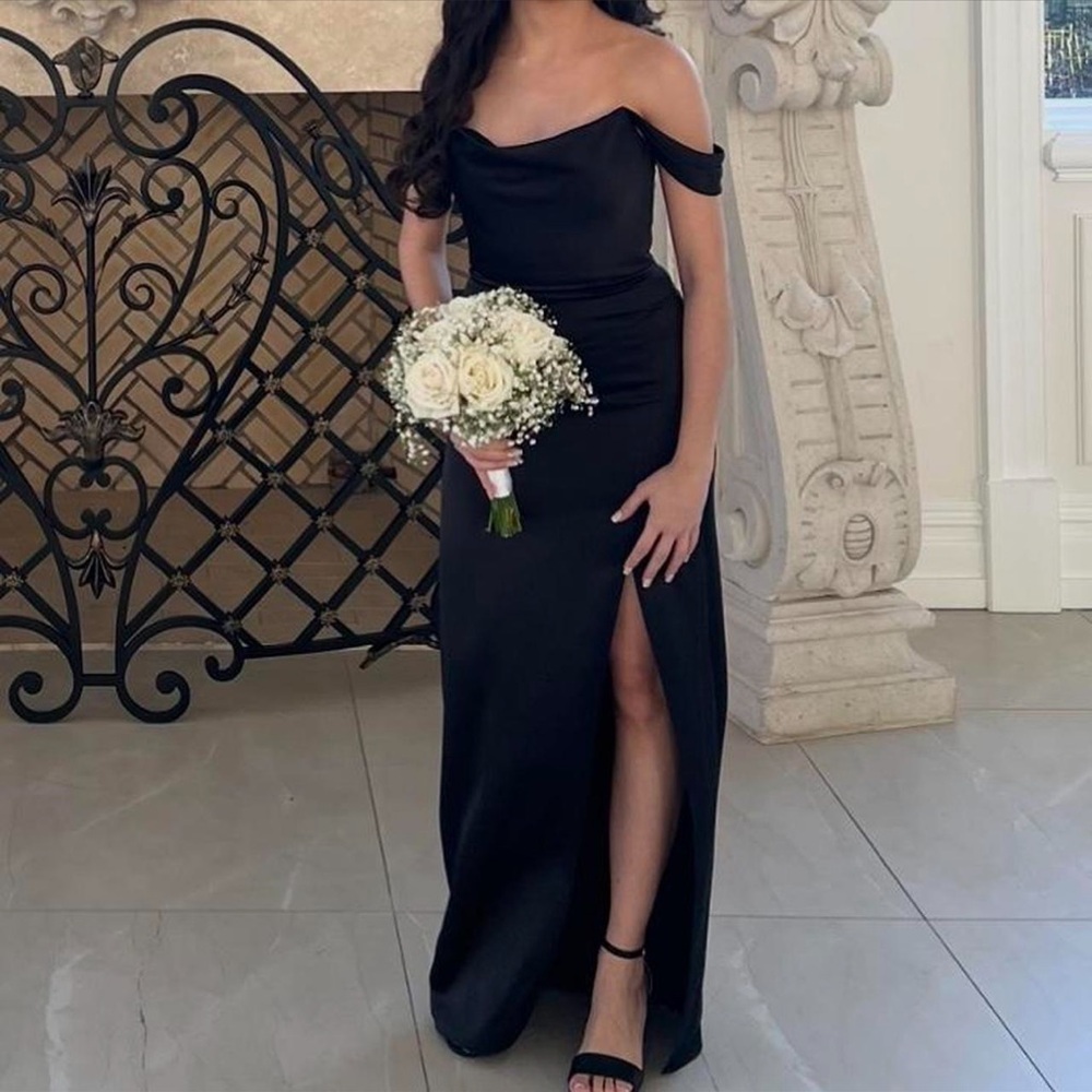 Jenny Yoo Black One-Shoulder Cowl Gown with Side Slit